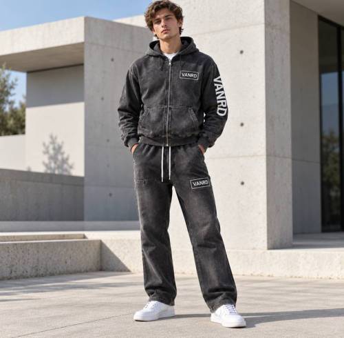 Custom Tracksuits in Washed Black Fleece with Logo Patch