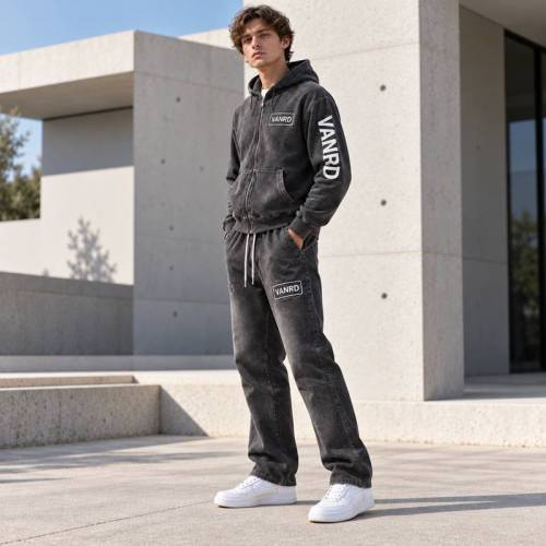 Custom Tracksuits in Washed Black Fleece with Logo Patch
