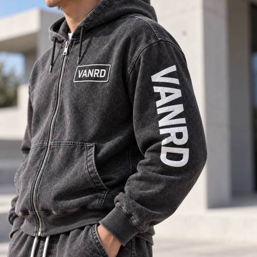 Custom Tracksuits in Washed Black Fleece with Logo Patch