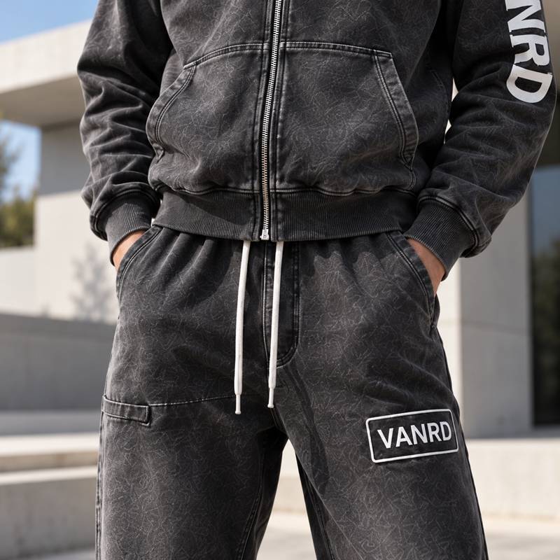 Custom Tracksuits in Washed Black Fleece with Logo Patch