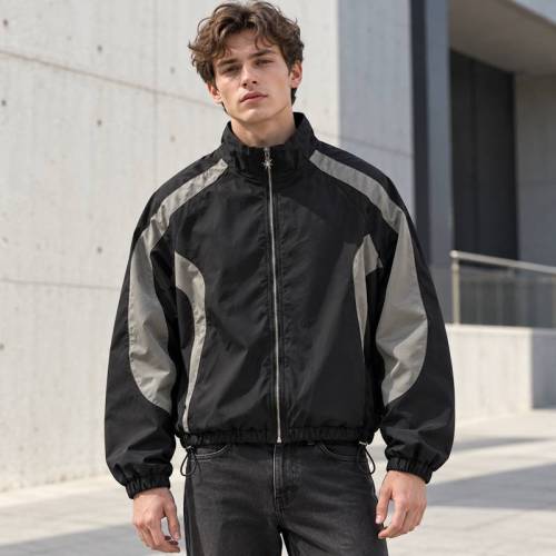 Custom Track Jacket in Black with Grey Curved Contrast Panels