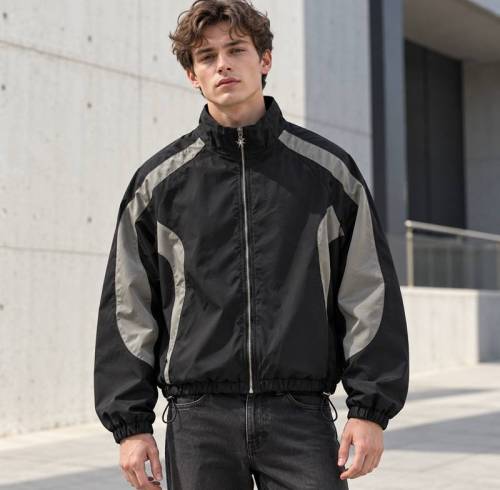 Custom Track Jacket in Black with Grey Curved Contrast Panels
