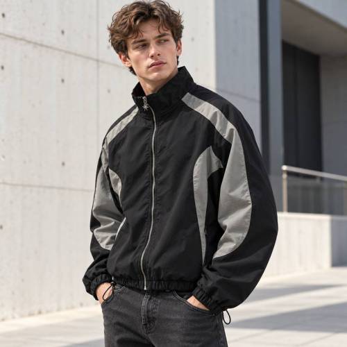 Custom Track Jacket in Black with Grey Curved Contrast Panels