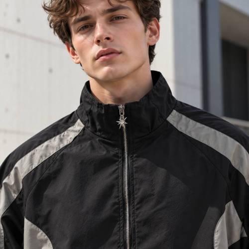 Custom Track Jacket in Black with Grey Curved Contrast Panels