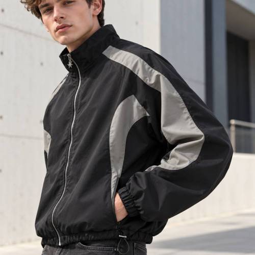 Custom Track Jacket in Black with Grey Curved Contrast Panels