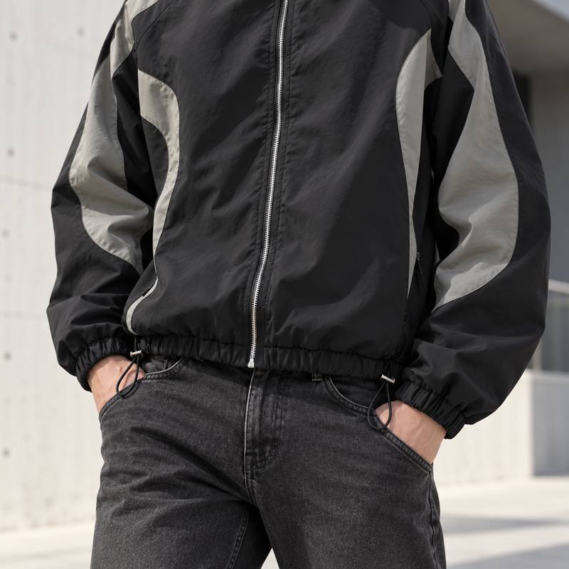 Custom Track Jacket in Black with Grey Curved Contrast Panels