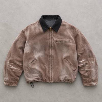 Custom Work Jacket in Washed Brown Canvas with Contrast Collar