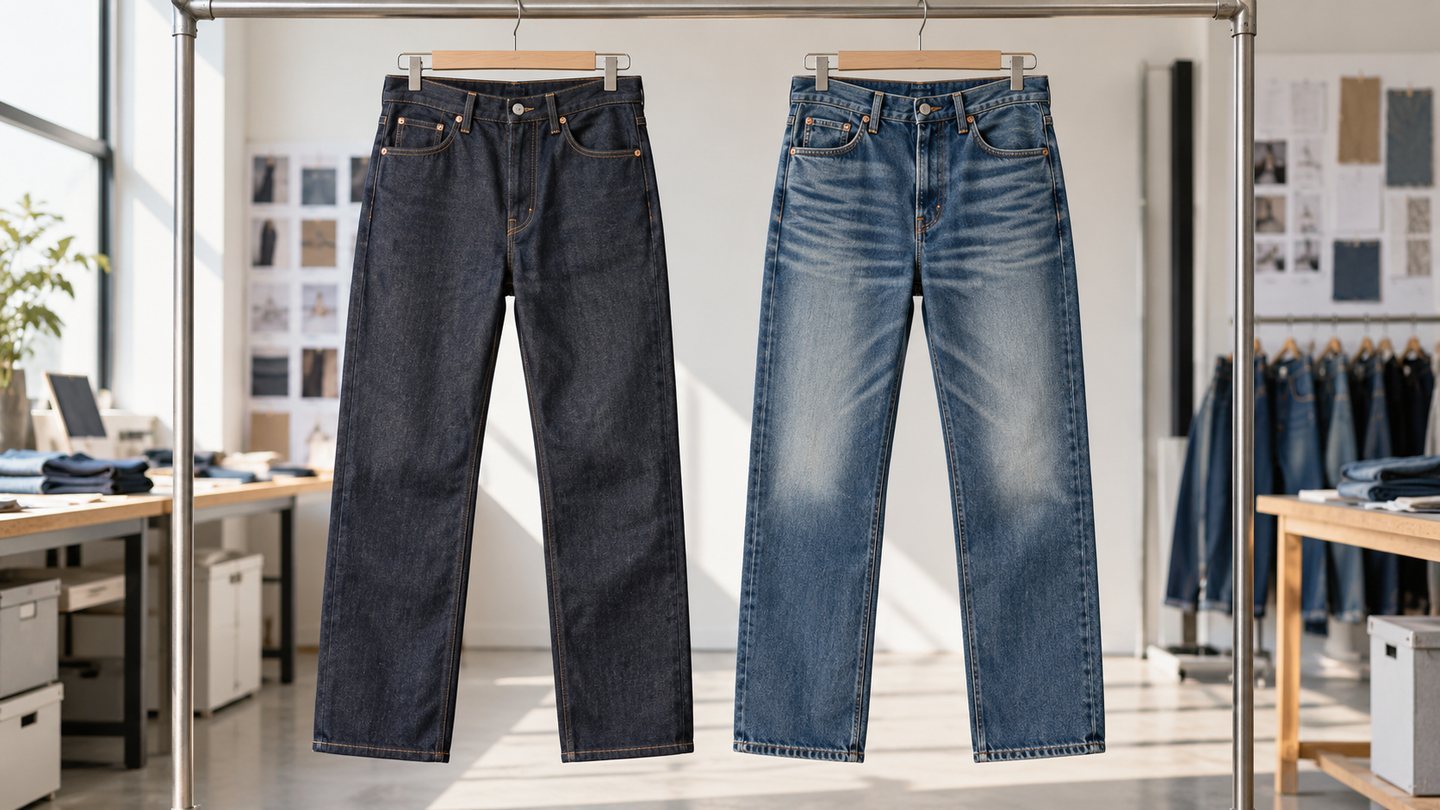Conceptual side-by-side comparison of dark indigo raw denim jeans and medium-blue washed denim jeans in a development studio