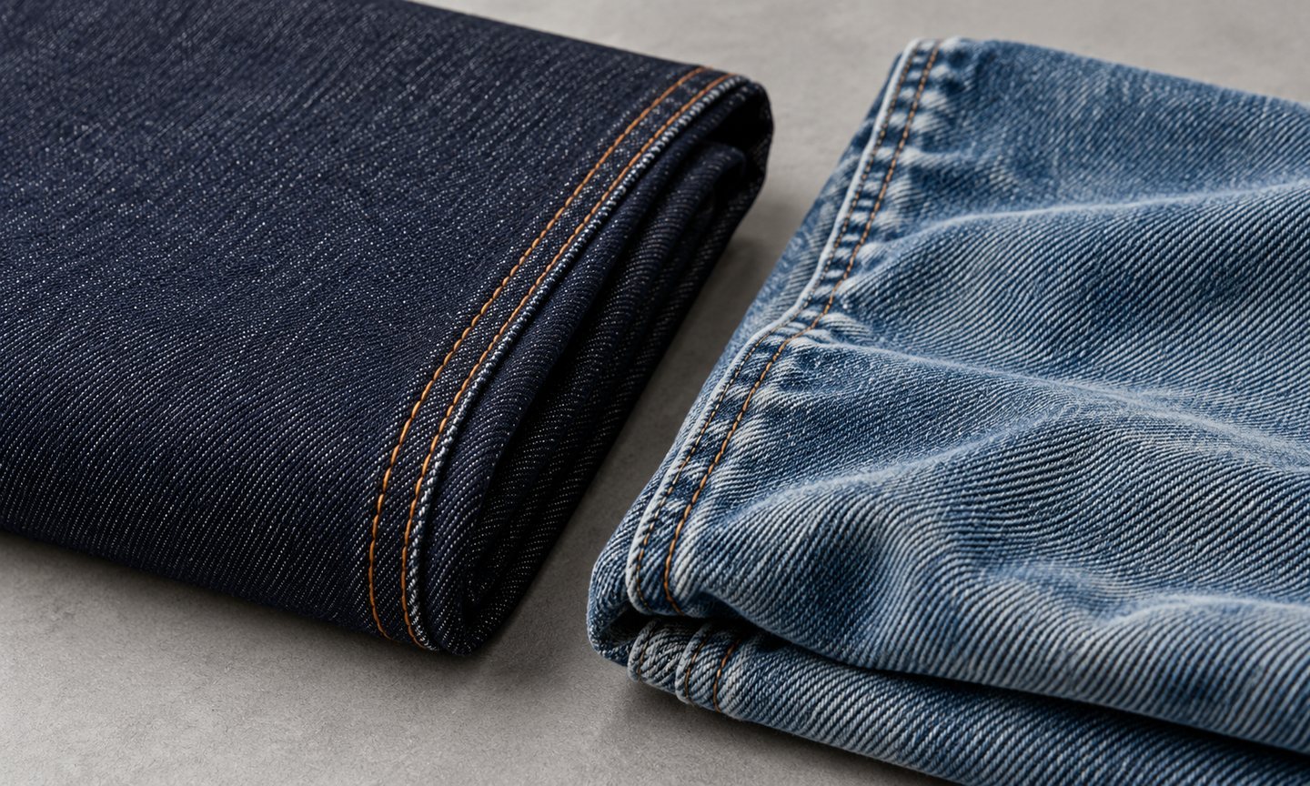 Illustrative close-up comparison of tightly folded dark raw indigo denim with lighter washed denim and visible twill weave