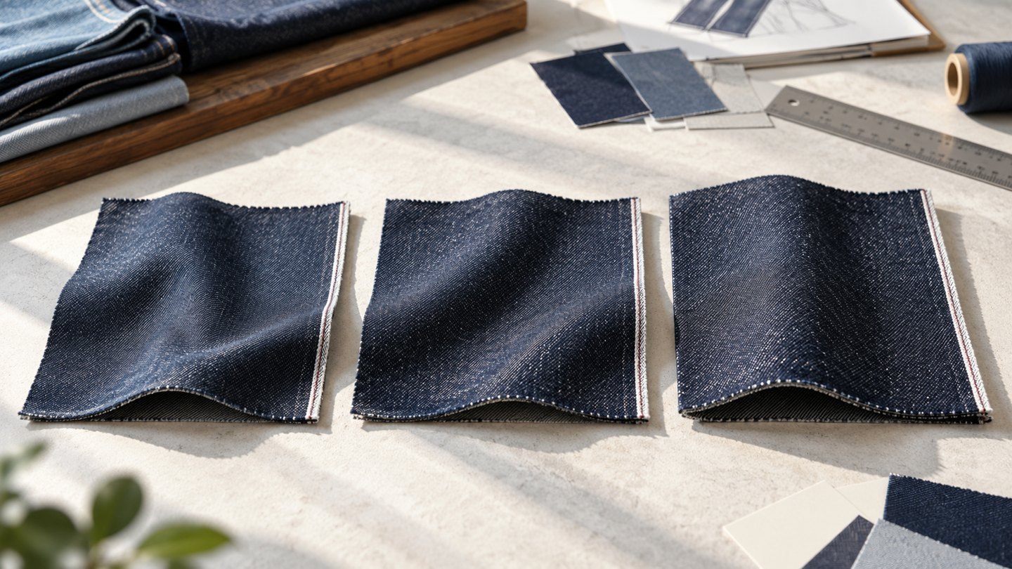 Three dark indigo denim fabric swatches displayed for a jeans weight selection discussion