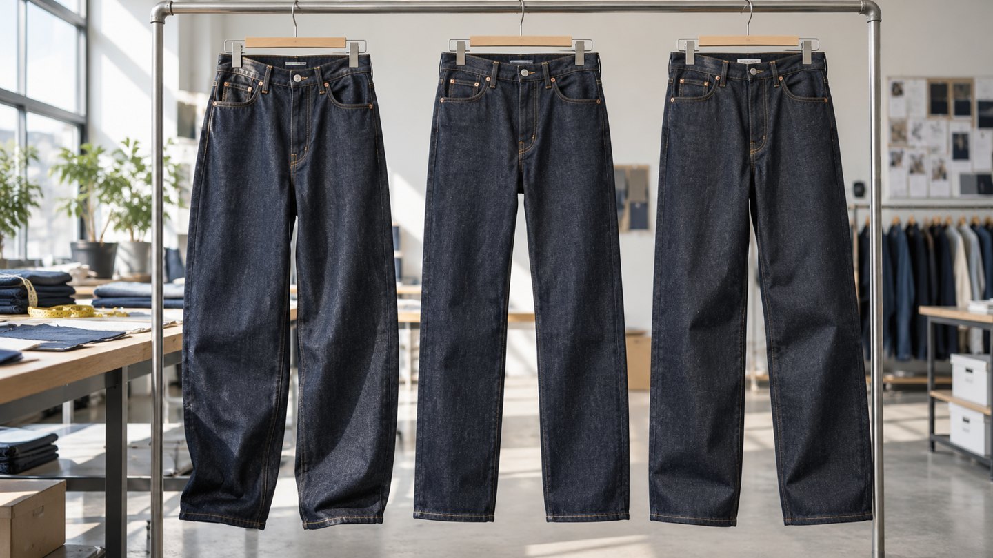 Three dark denim jeans silhouettes on hangers in a clean apparel development studio