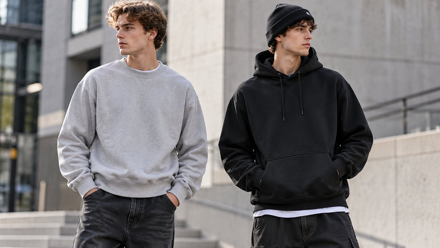 Charcoal grey crewneck sweatshirt and matching pullover hoodie on mannequins in a streetwear development studio