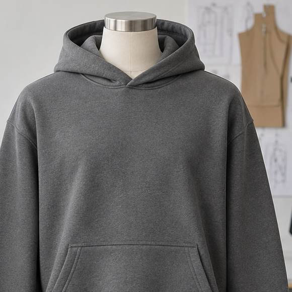 Close-up of the grey pullover hood, front pouch pocket and streetwear fleece construction