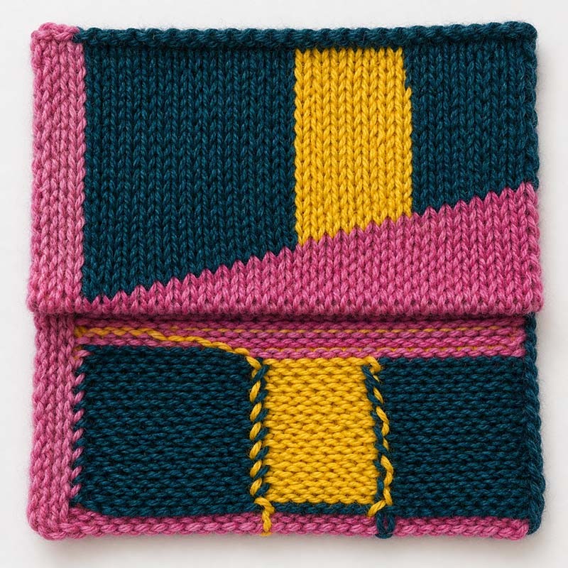 Intarsia knitted swatch showing the right side and reverse side of separate color blocks