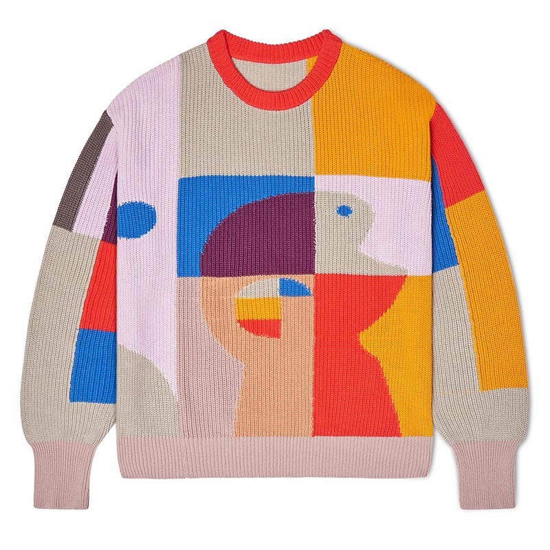 Multicolor knitted sweater with large abstract color-block graphics