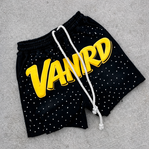 Custom Sweat Shorts with Rhinestone Dots and Logo Graphic