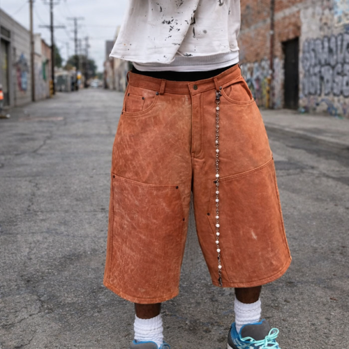 Custom Longline Shorts with Washed Faux Leather Finish