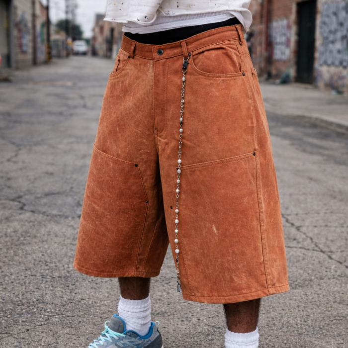 Custom Longline Shorts with Washed Faux Leather Finish