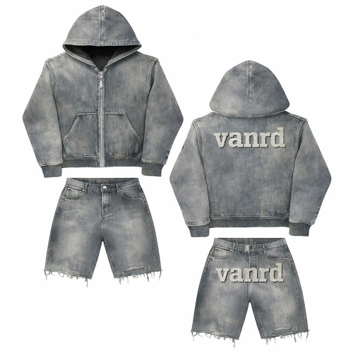 Custom Tracksuit Set with Washed Zip Hoodie and Shorts