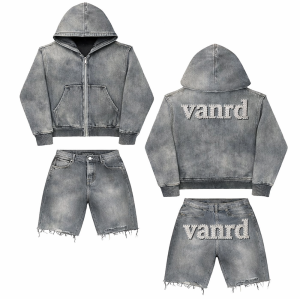 Custom Tracksuit Set with Washed Zip Hoodie and Shorts