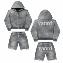 Custom Tracksuit Set with Washed Zip Hoodie and Shorts