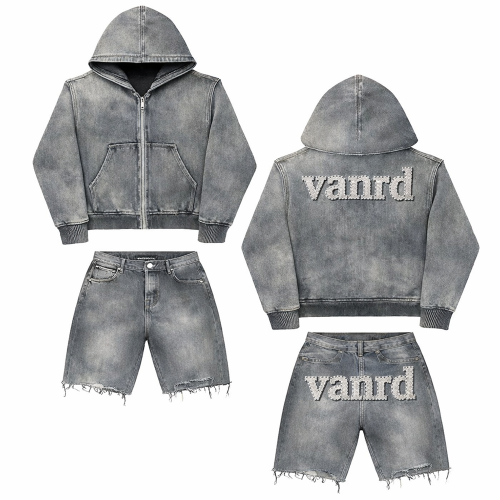 Custom Tracksuit Set with Washed Zip Hoodie and Shorts