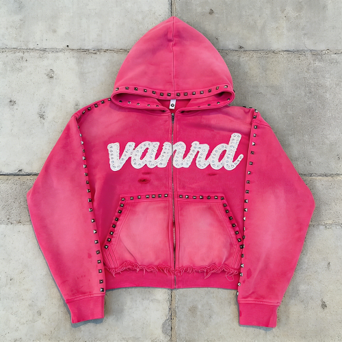 Custom zip up hoodie with stud trim and raw hem