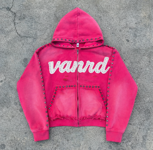 Custom zip up hoodie with stud trim and raw hem