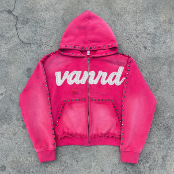 Custom zip up hoodie with stud trim and raw hem