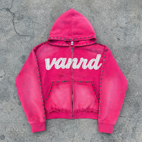 Custom zip up hoodie with stud trim and raw hem