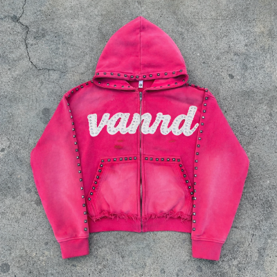 Custom zip up hoodie with stud trim and raw hem