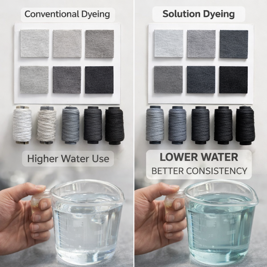 What is solution-dyed (dope-dyed) nylon/poly, and when is it good for jackets?