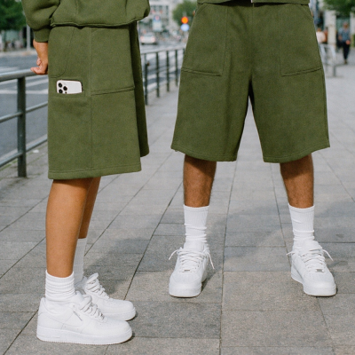Custom fleece shorts with utility pocket design