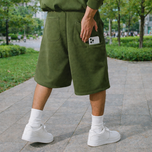 Custom fleece shorts with utility pocket design