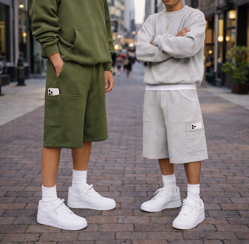 Custom fleece shorts with utility pocket design