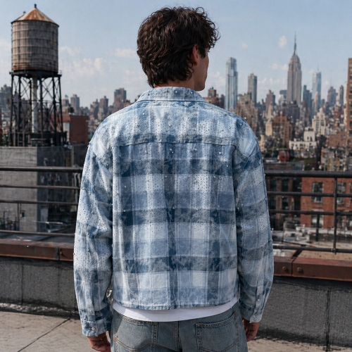 Custom flannel jacket with Rhinestone Plaid Wash Finish