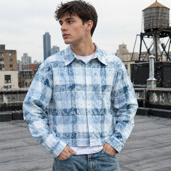 Custom flannel jacket with Rhinestone Plaid Wash Finish