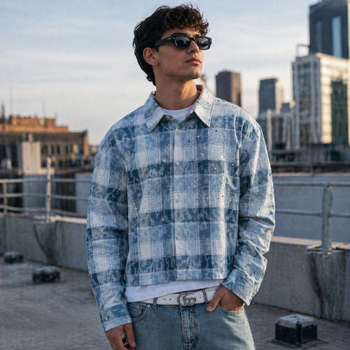 Custom flannel jacket with Rhinestone Plaid Wash Finish