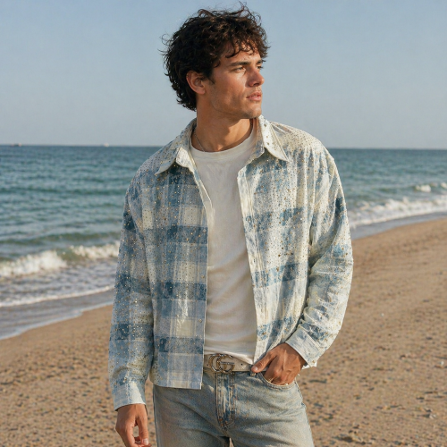 Custom flannel jacket with Rhinestone Plaid Wash Finish