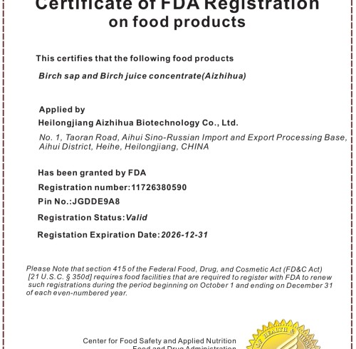 Certificate ofFDARegistrationon food products