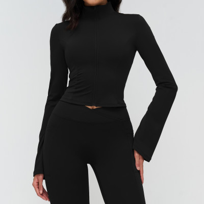 Stand Collar Flare Sleeve Sports Top, 78% Nylon 22% Spandex, Outdoor Running Fitness Wear, Support OEM/ODM