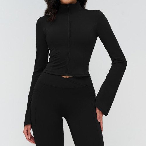 Stand Collar Flare Sleeve Sports Top, 78% Nylon 22% Spandex, Outdoor Running Fitness Wear, Support OEM/ODM