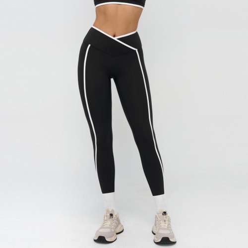 Women's cross-waist yoga pants, color-blocked nude-feel bodycon fitness wear, outdoor running sports pants