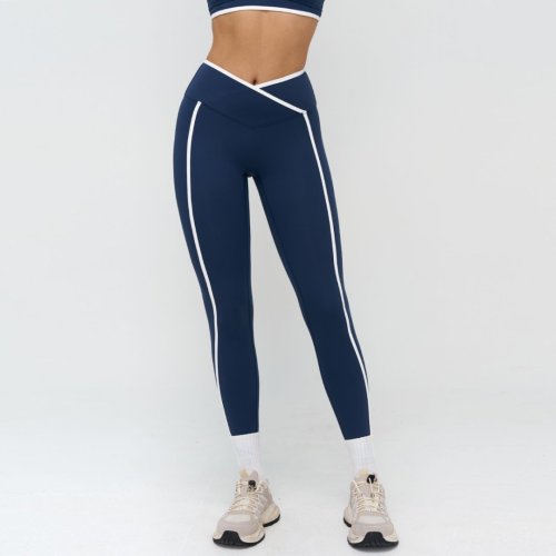 Women's cross-waist yoga pants, color-blocked nude-feel bodycon fitness wear, outdoor running sports pants