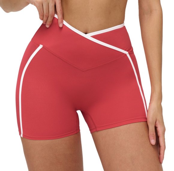 Nude-feel color-blocked yoga shorts with cross-waistband, tight-fitting shorts for outdoor running and fitness.