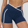 Nude-feel color-blocked yoga shorts with cross-waistband, tight-fitting shorts for outdoor running and fitness.