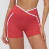 Nude-feel color-blocked yoga shorts with cross-waistband, tight-fitting shorts for outdoor running and fitness.