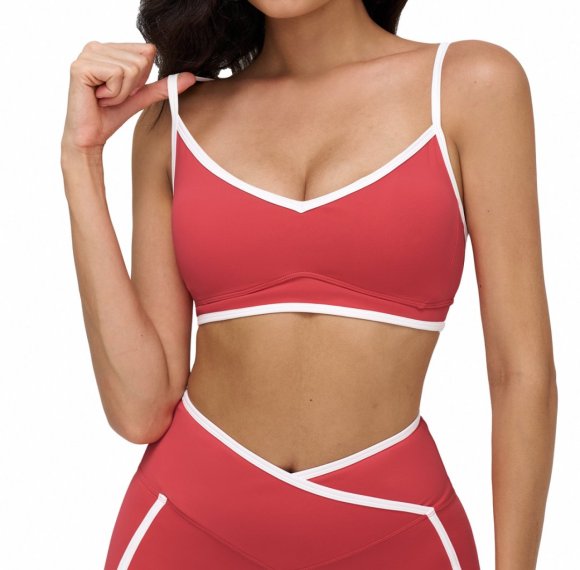 Nude-feel sports bra with contrasting shoulder straps, yoga bra, running and fitness sports bra