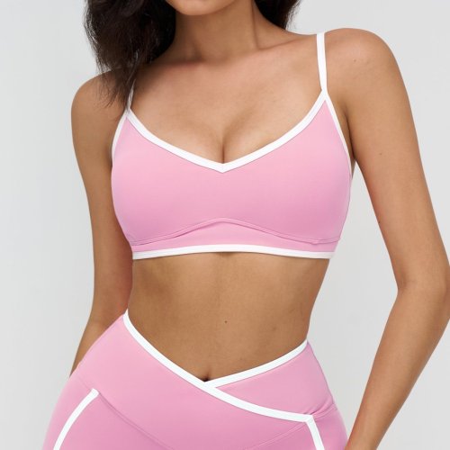Nude-feel sports bra with contrasting shoulder straps, yoga bra, running and fitness sports bra