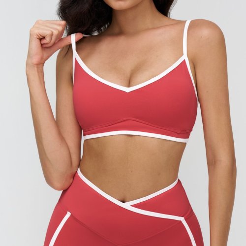 Nude-feel sports bra with contrasting shoulder straps, yoga bra, running and fitness sports bra